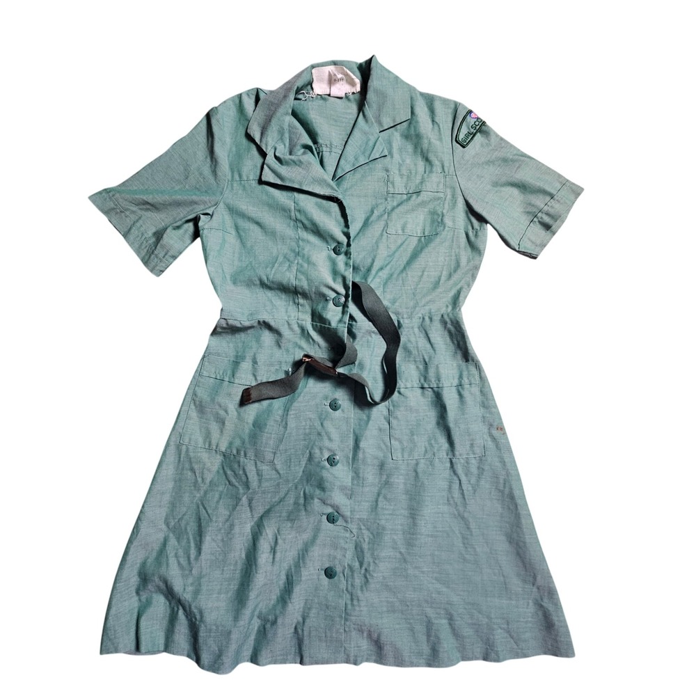 Vintage 50s 60s Girl Scouts USA Official Uniform Dress Button Front Belted 8